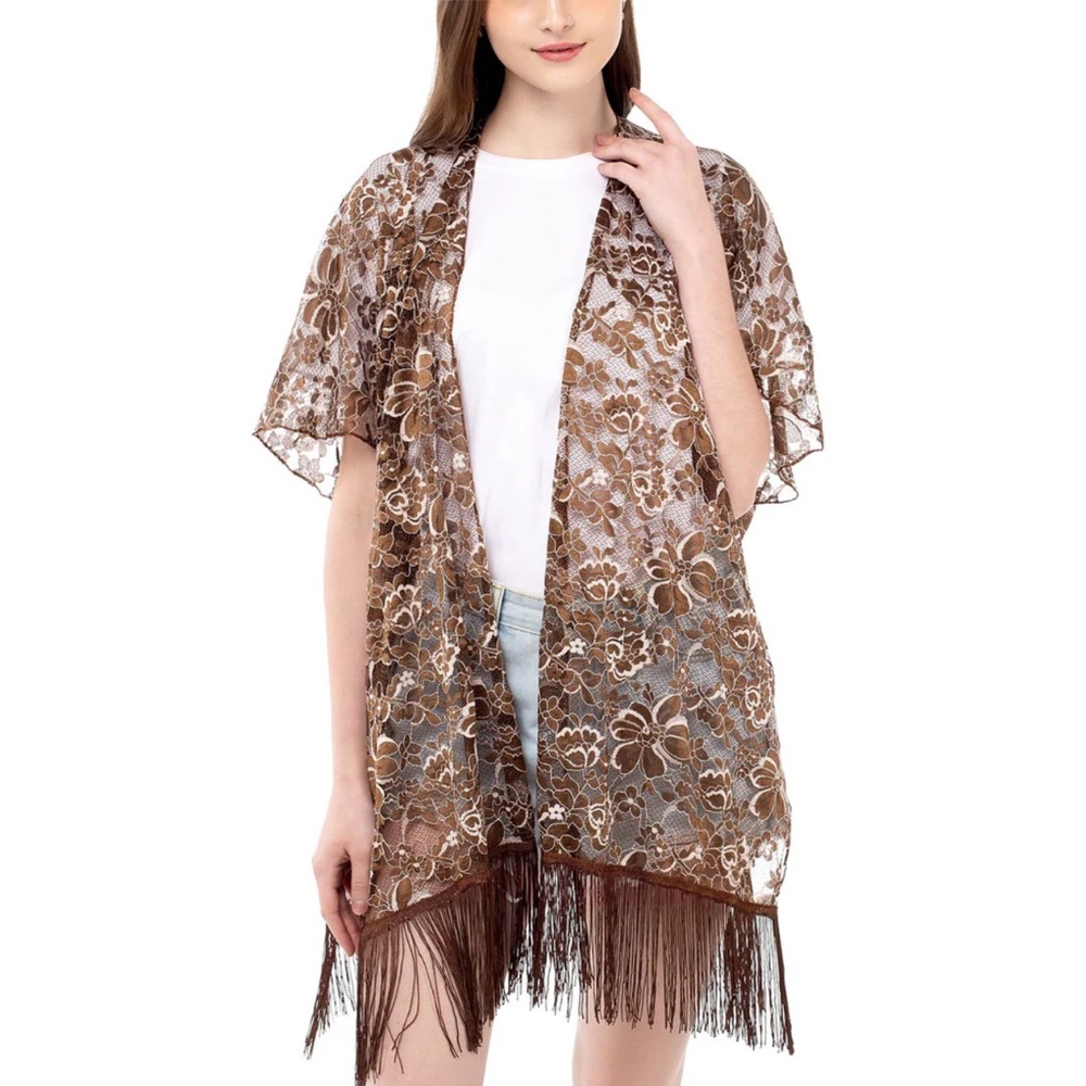 NWOT Kollie More Floral Lace Fringe Kimono Brown & White One Size